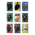 UNO Star Wars The Mandalorian card spread displays themed character cards including Grogu, Luke Skywalker, Din Djarin, Boba Fett, and Stormtroopers with vivid colors.