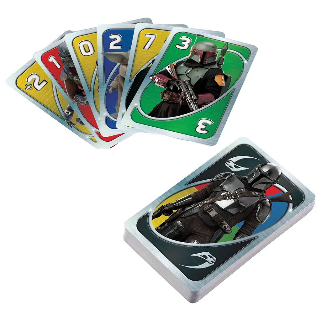 UNO Star Wars The Mandalorian card deck shows Grogu, Boba Fett, and Din Djarin artwork, with hand of playable cards spread alongside stacked deck featuring Mandalorian design.