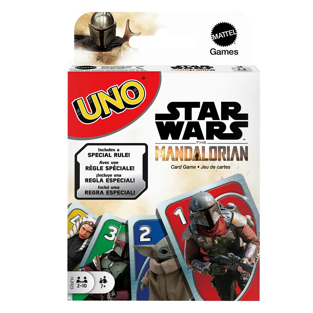 Mattel UNO Star Wars The Mandalorian card game packaging shows Din Djarin and Grogu artwork, highlighting a special rule for themed gameplay with collectible design.
