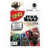 Mattel UNO Star Wars The Mandalorian card game packaging shows Din Djarin and Grogu artwork, highlighting a special rule for themed gameplay with collectible design.