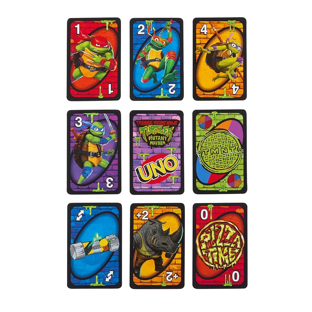 Set of UNO Teenage Mutant Ninja Turtles Mutant Mayhem cards featuring vibrant designs of all four turtles, villains, weapons, and pizza-themed special cards on colorful brick backgrounds.