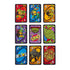Set of UNO Teenage Mutant Ninja Turtles Mutant Mayhem cards featuring vibrant designs of all four turtles, villains, weapons, and pizza-themed special cards on colorful brick backgrounds.