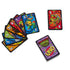 Spread of UNO Teenage Mutant Ninja Turtles Mutant Mayhem cards fanned out on a white surface, showcasing bright character illustrations and the themed UNO card back.