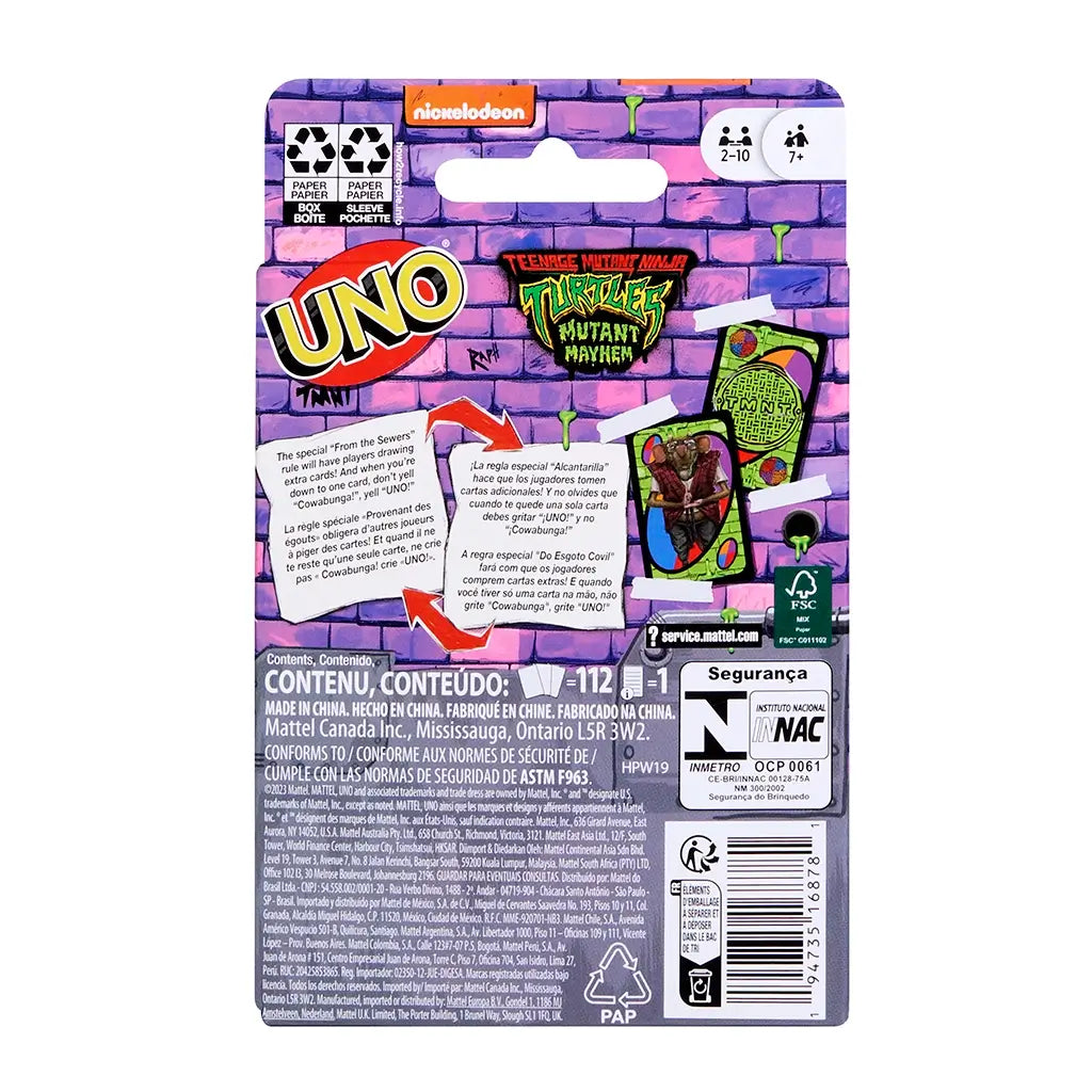 Back of UNO Teenage Mutant Ninja Turtles Mutant Mayhem card game package, showing rules in multiple languages with colorful turtle-themed graphics and images of special cards.