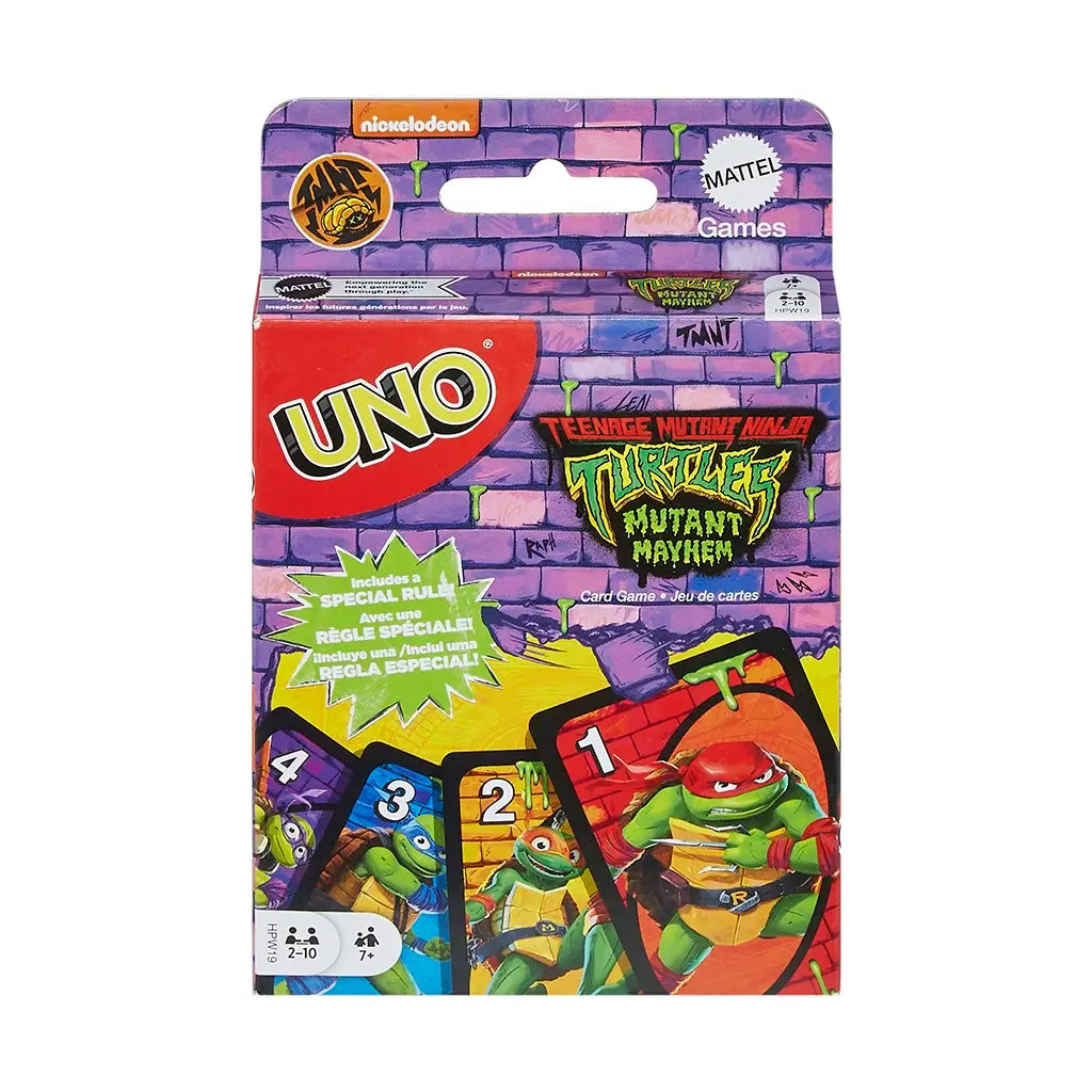 Front of UNO Teenage Mutant Ninja Turtles Mutant Mayhem card game package with bold turtle graphics, colorful card images, and text highlighting a special included game rule.