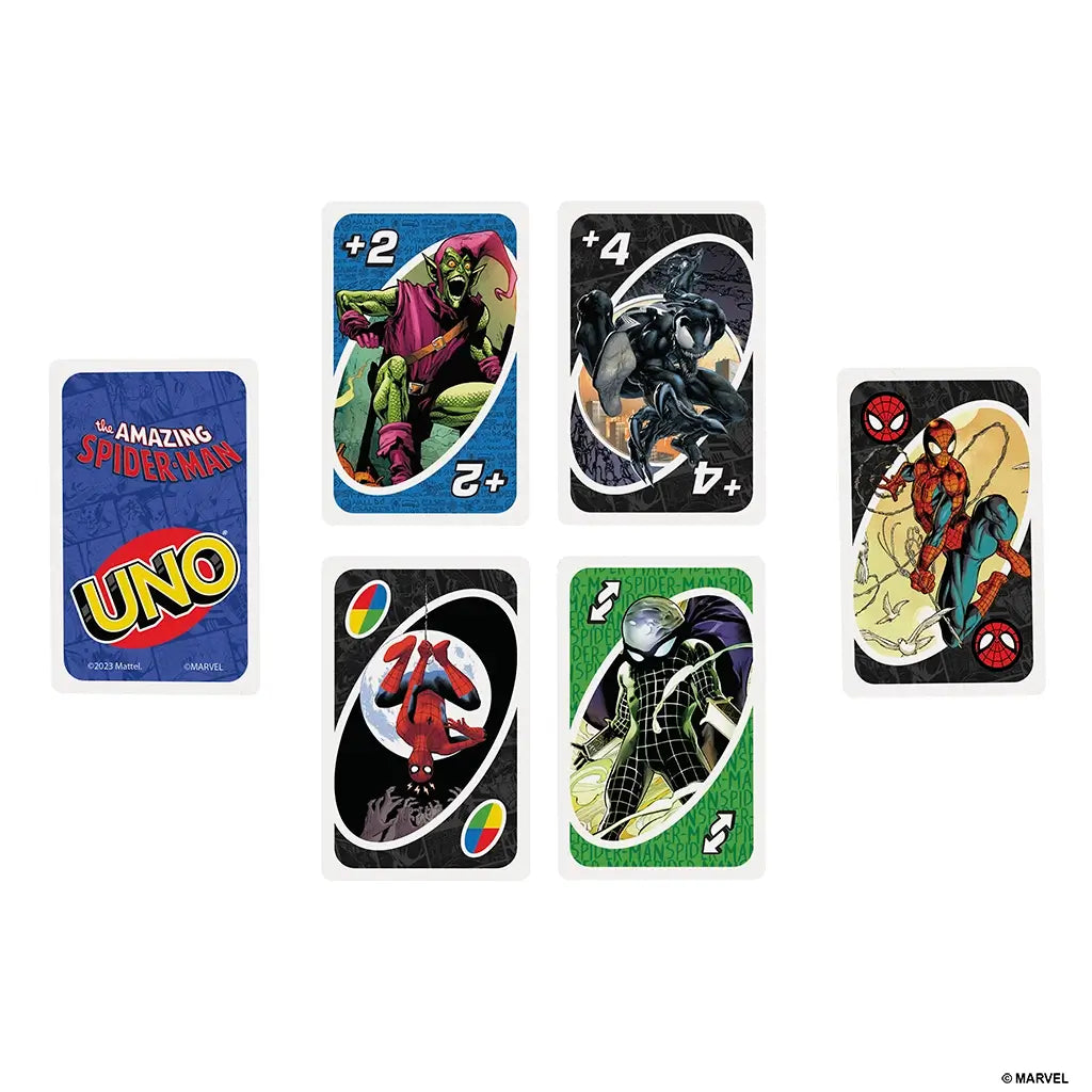 Set of Marvel Spider-Man UNO cards laid out flat, including Green Goblin, Venom, Mysterio, Spider-Man action poses, and UNO back design with blue and red branding.