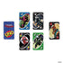 Set of Marvel Spider-Man UNO cards laid out flat, including Green Goblin, Venom, Mysterio, Spider-Man action poses, and UNO back design with blue and red branding.