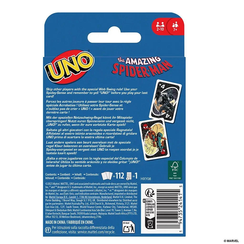 Back of Marvel Spider-Man UNO card game packaging with gameplay instructions, sample cards, and details about the Web Swing special rule printed in multiple languages.