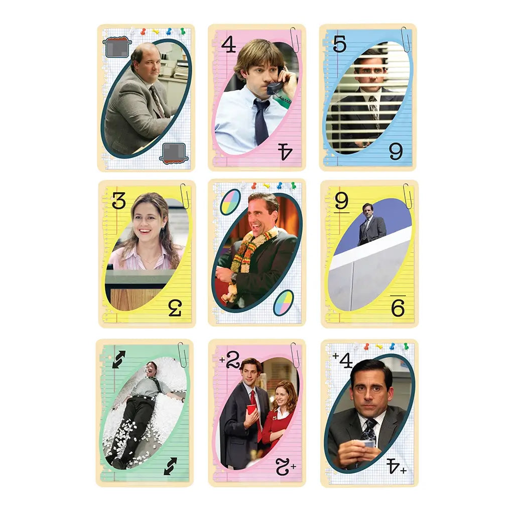 UNO The Office cards laid out in a grid on a white background, with character photos of Michael, Pam, Jim, Kevin, and Dwight, shown on colorful notebook paper-styled number and action cards.