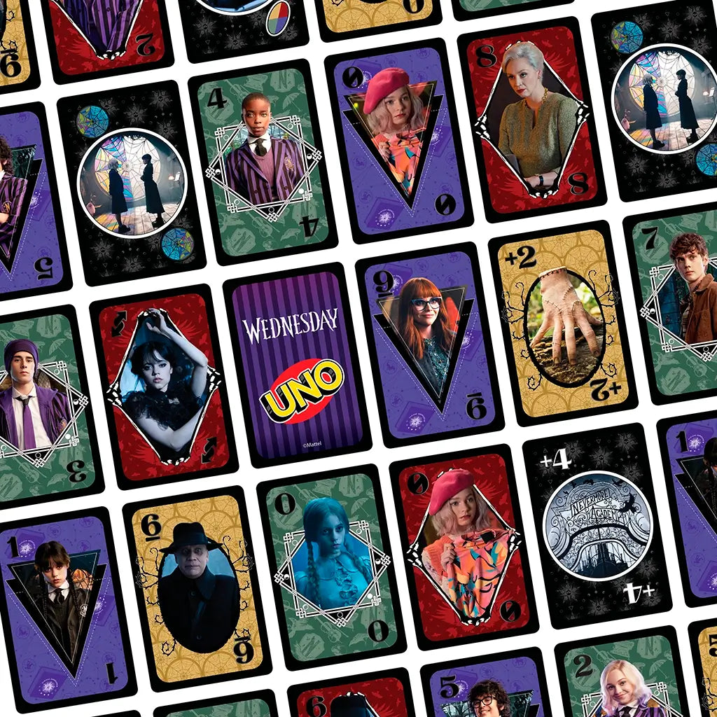 A spread of UNO Wednesday cards arranged neatly, showing bold numbers, symbols, and detailed character images framed by geometric borders in vibrant colors.