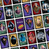 A spread of UNO Wednesday cards arranged neatly, showing bold numbers, symbols, and detailed character images framed by geometric borders in vibrant colors.