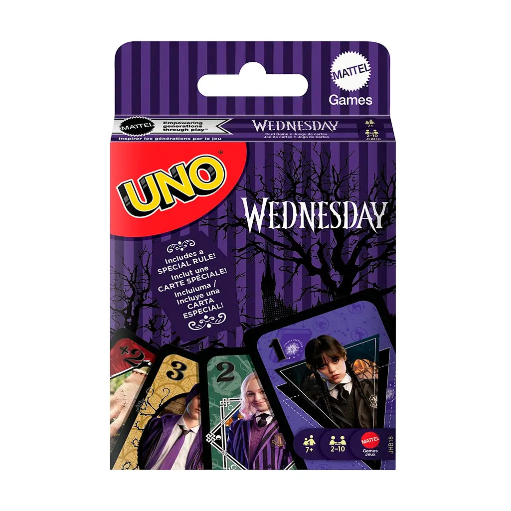 The front of the UNO Wednesday card game package shows a purple striped background with the logo, character portraits on the cards, and gothic tree silhouettes in black.