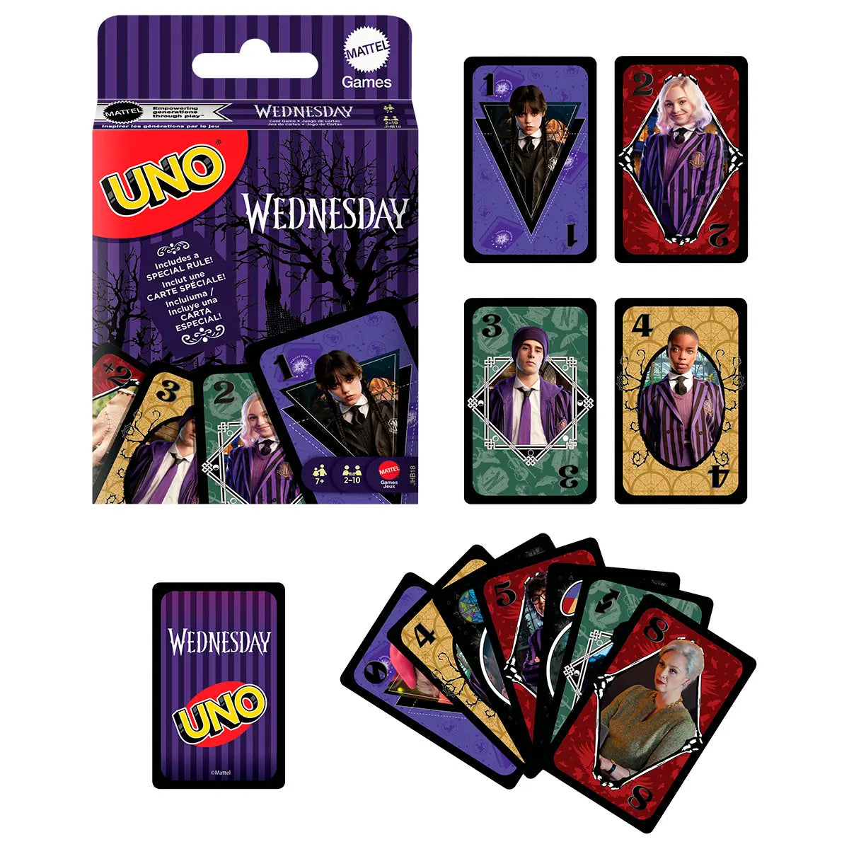 The UNO Wednesday card game set displays its purple box alongside several cards laid out, featuring characters, numbers, and special icons styled in a gothic theme.