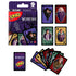 The UNO Wednesday card game set displays its purple box alongside several cards laid out, featuring characters, numbers, and special icons styled in a gothic theme.
