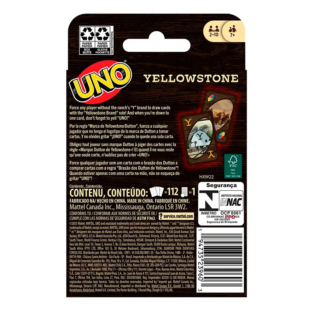 Back of UNO Yellowstone card game box with multilingual instructions, ranch “Y” brand rule explanation, sample cards, and detailed product and safety information.