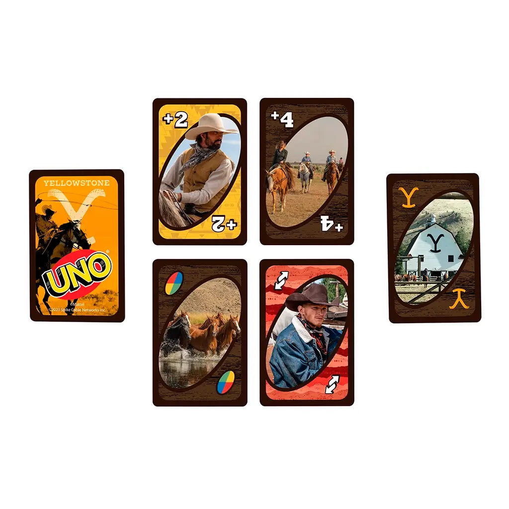 Yellowstone UNO playing cards featuring cowboy characters, horses, ranch scenery, and custom action cards with rustic wooden-themed borders for a western gameplay style.