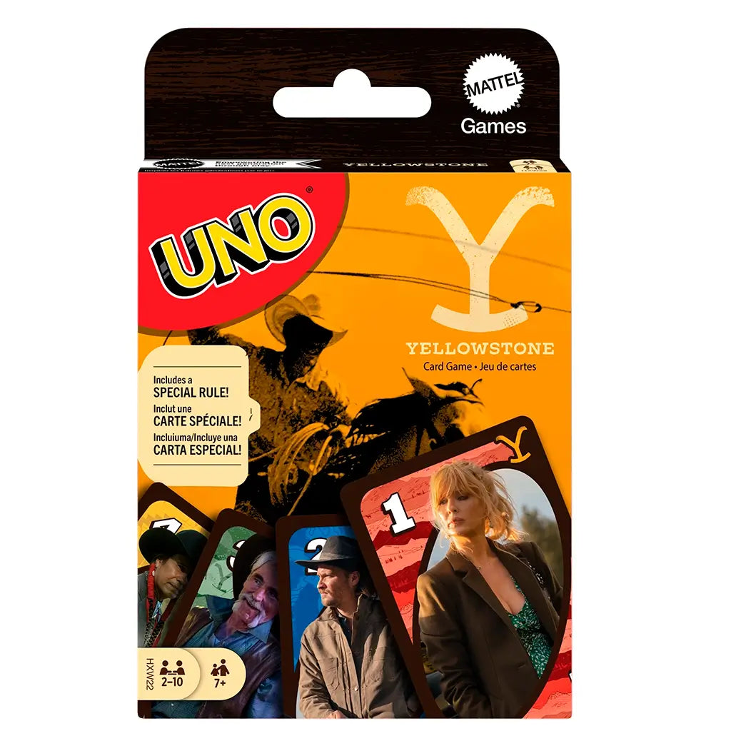 Front packaging of UNO Yellowstone card game featuring bold UNO logo, yellow ranch branding, cowboy imagery, and series characters on sample cards at the bottom.