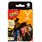 Front packaging of UNO Yellowstone card game featuring bold UNO logo, yellow ranch branding, cowboy imagery, and series characters on sample cards at the bottom.