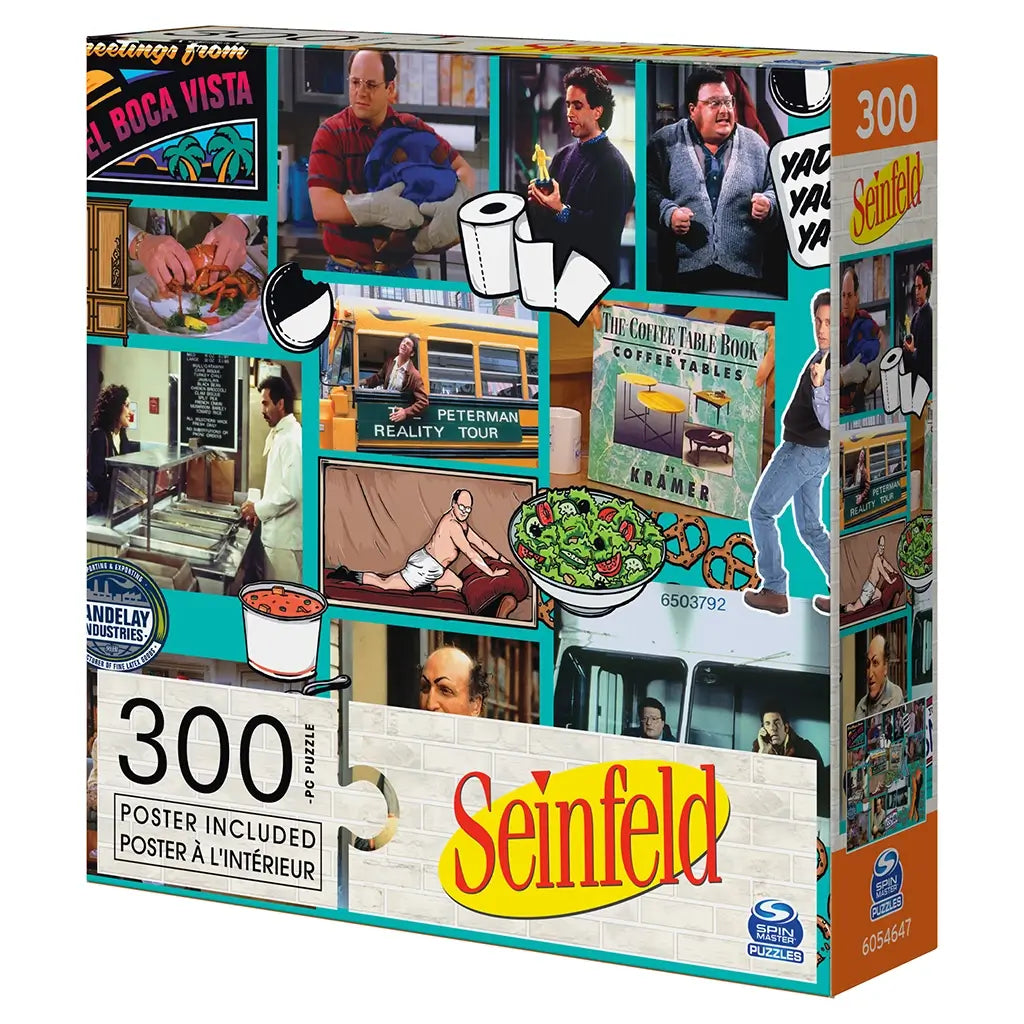 Seinfeld 300 piece puzzle glossy cardboard box with colorful collage of sitcom scenes, characters and icons, rectangular packaging displayed on white background with bold branding and poster included label.