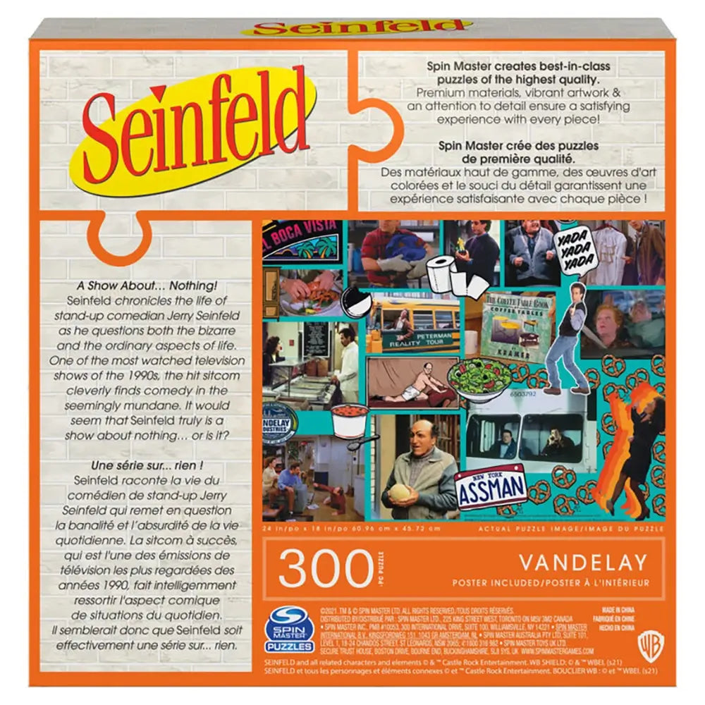 Seinfeld 300 piece puzzle box back with multicolor printed cardboard surface, rectangular form, showing product details, collage imagery, and text descriptions, designed as retail packaging on a clean white background.