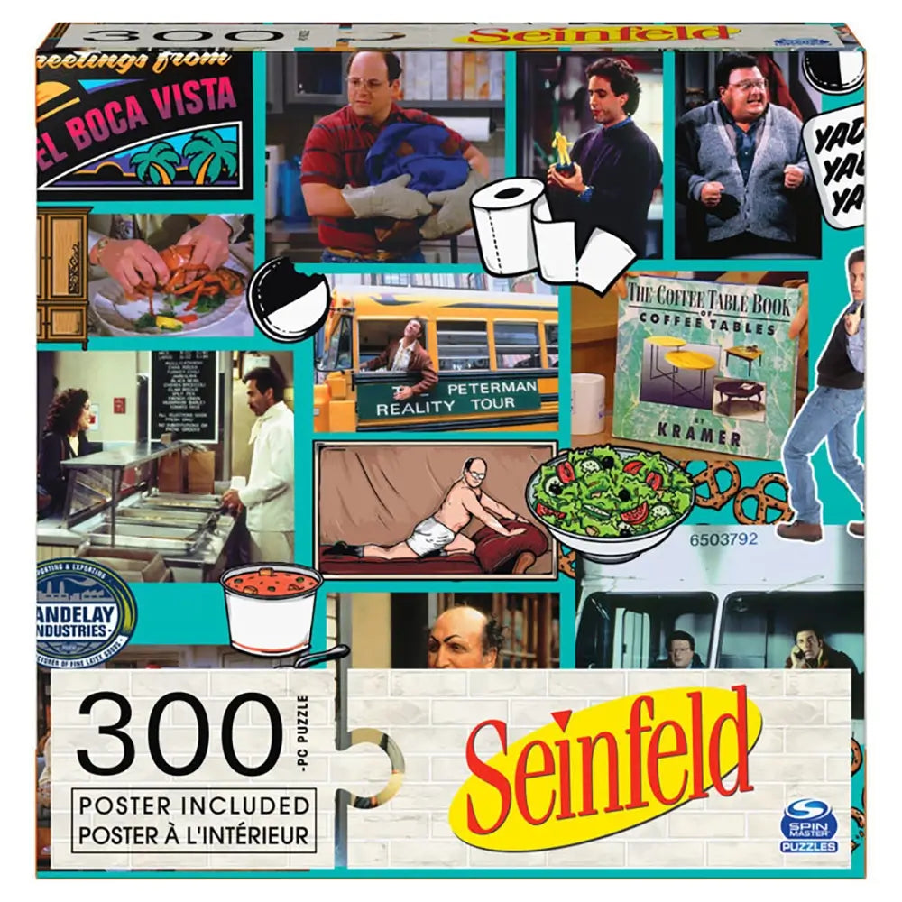 Seinfeld 300 piece puzzle box with multicolor printed cardboard surface, rectangular shape, featuring collage of sitcom scenes and characters, designed as collectible jigsaw puzzle packaging on a white background.