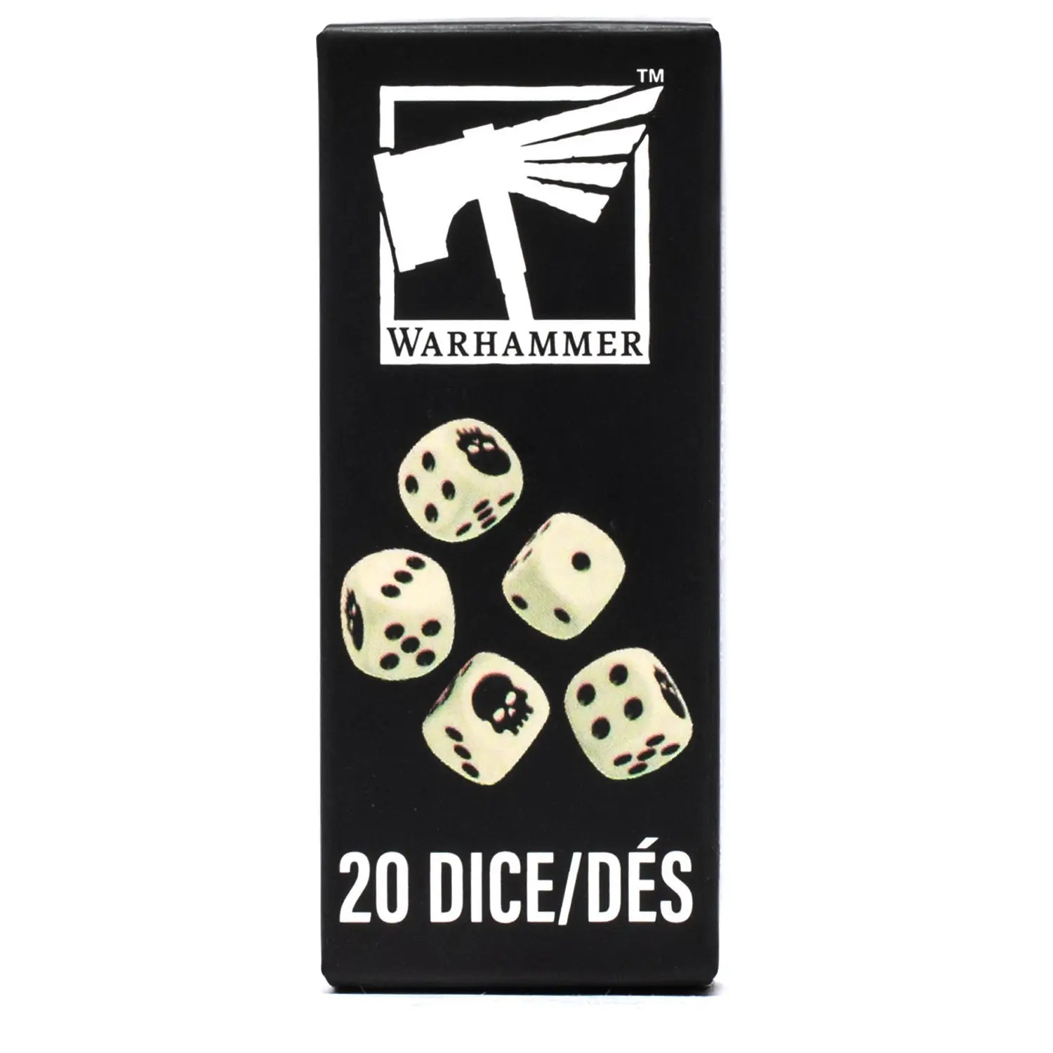 Warhammer dice set with ivory 12mm D6 plastic cubes, black pips and skull icons, packed as 20 tabletop gaming dice in a black Warhammer-branded box on white.