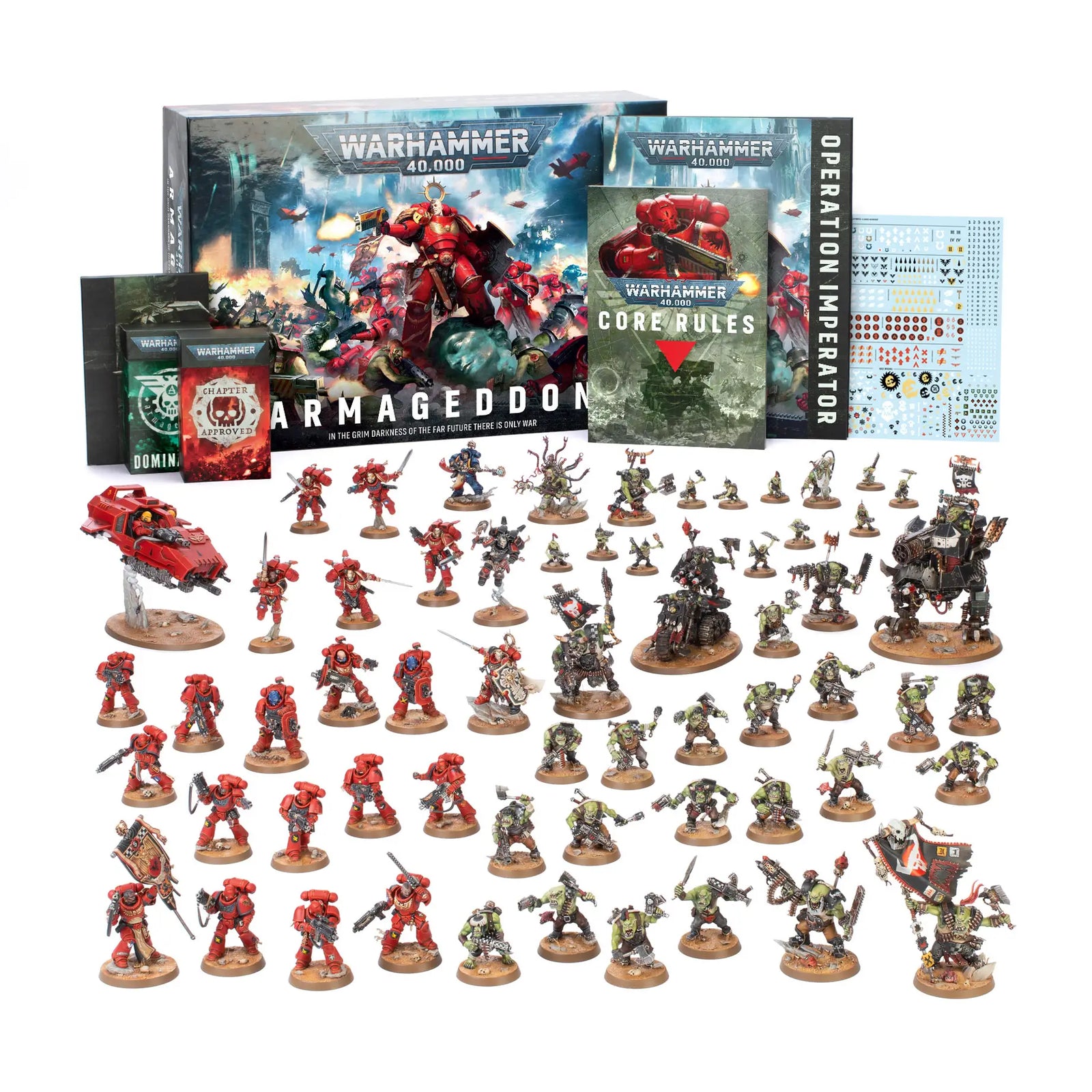 Warhammer 40,000 Armageddon launch box set featuring red painted Blood Angels, green Ork miniatures, plastic vehicles, rulebooks, cards and decals arranged on a clean white background.