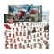 Warhammer 40,000 Armageddon launch box set featuring red painted Blood Angels, green Ork miniatures, plastic vehicles, rulebooks, cards and decals arranged on a clean white background.