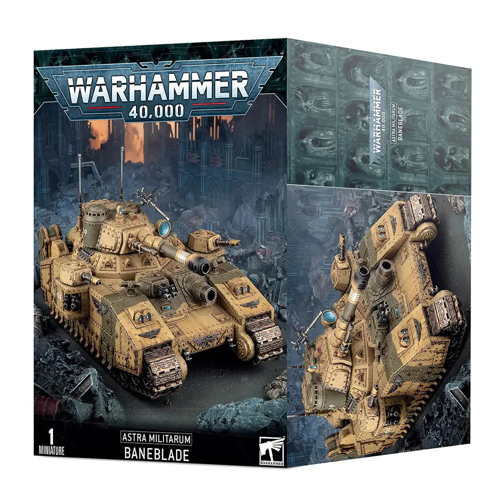 Warhammer 40,000 Astra Militarum Baneblade tank box showing sand-colored armored steel hull, massive tracked super-heavy vehicle with multiple cannons for tabletop battles in a ruined city setting.