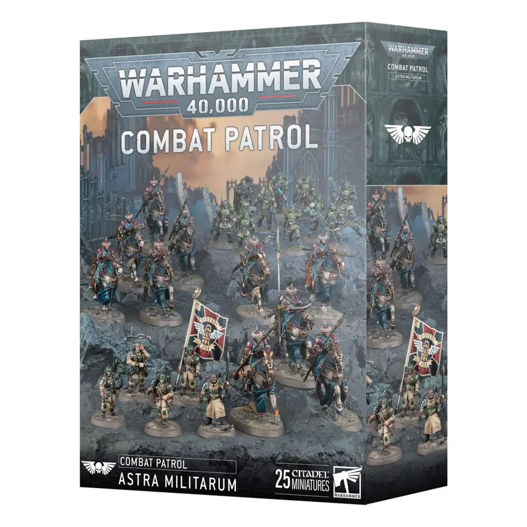 Warhammer 40,000 Astra Militarum Combat Patrol box shows gray and blue matte cardboard packaging, rectangular in form, featuring Citadel infantry and cavalry miniatures for tabletop wargaming, arranged on rocky terrain within a ruined futuristic city battlefield.