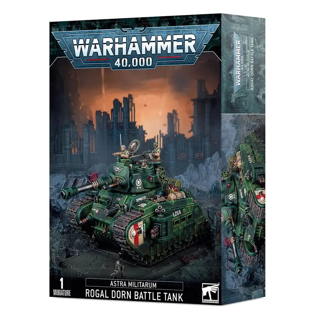 Warhammer 40,000 Astra Militarum Rogal Dorn Battle Tank miniature with dark green armored metal panels, heavy riveted textures, low-profile tracked tank form, large turret cannon, used in battle.