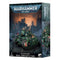 Warhammer 40,000 Astra Militarum Rogal Dorn Battle Tank miniature with dark green armored metal panels, heavy riveted textures, low-profile tracked tank form, large turret cannon, used in battle.