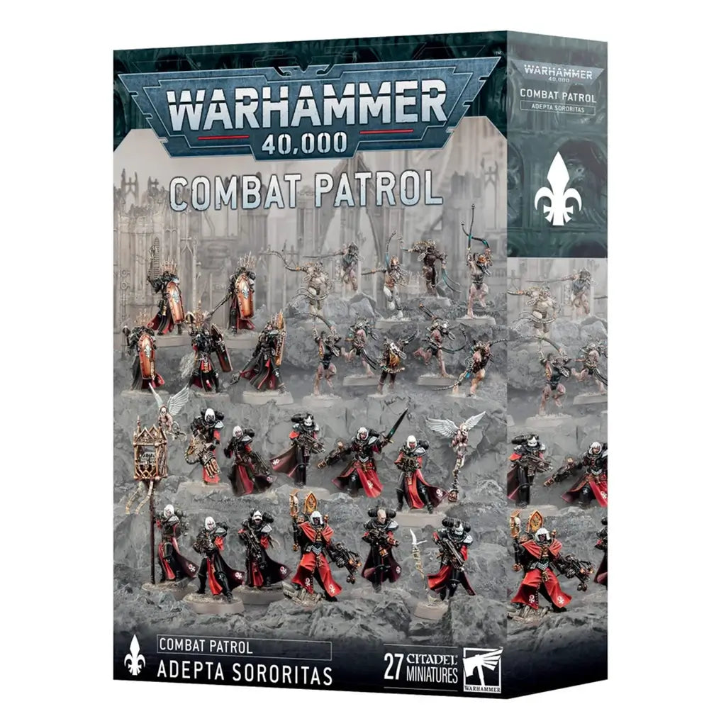 Warhammer 40,000 Adepta Sororitas Combat Patrol box shows gray and black matte cardboard packaging, rectangular in form, presenting Citadel miniatures for tabletop wargaming, arranged on rocky ground within a gothic city ruin battlefield.