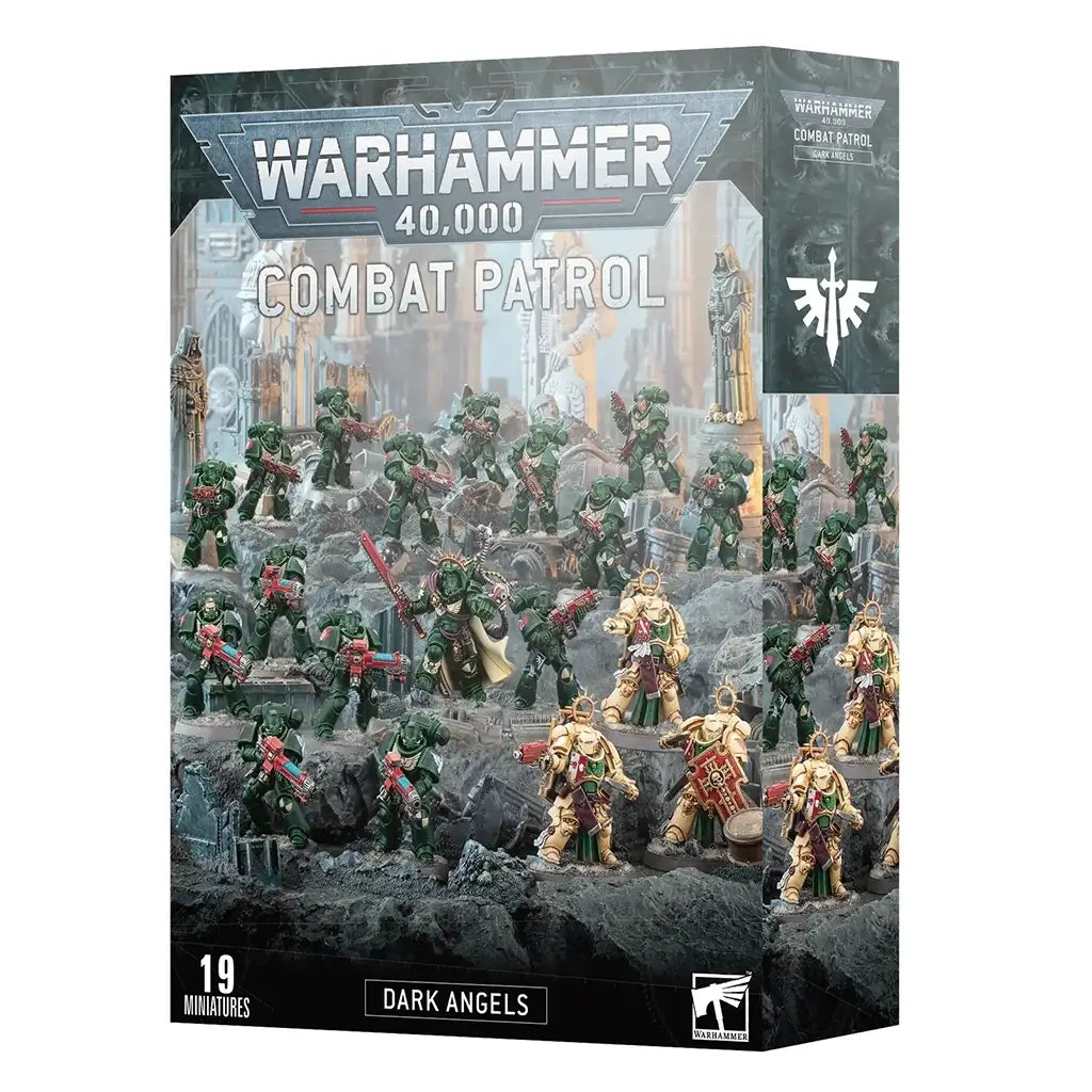 Warhammer 40,000 Dark Angels Combat Patrol box showing green power-armored Space Marines with red weapons, gold robed leaders, posed for tabletop wargaming in a ruined gothic battlefield setting.