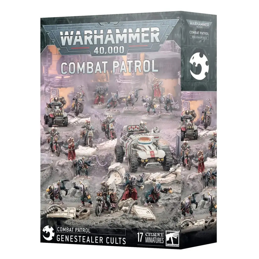 Warhammer 40,000 Genestealer Cults Combat Patrol box displays muted gray industrial cardboard packaging, rectangular in form, showcasing Citadel miniatures for tabletop wargaming, arranged across rubble-strewn sci-fi mining terrain.