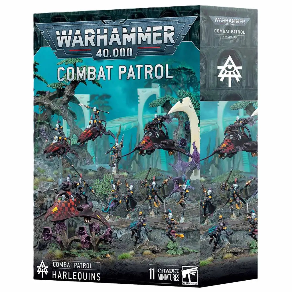 Warhammer 40,000 Combat Patrol Harlequins box, showing 11 colorful Eldar miniatures with dynamic poses on jetbikes and foot, set in a mystical forest battlefield with alien ruins and glowing green tones.