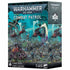 Warhammer 40,000 Combat Patrol Harlequins box, showing 11 colorful Eldar miniatures with dynamic poses on jetbikes and foot, set in a mystical forest battlefield with alien ruins and glowing green tones.