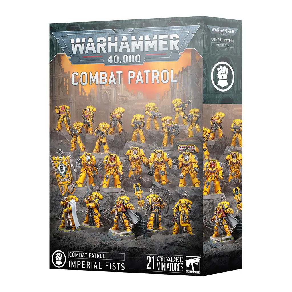 Warhammer 40,000 Combat Patrol Imperial Fists miniature box featuring 21 yellow-armored Space Marines posed for battle across ruined terrain under a fiery sky.