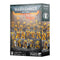 Warhammer 40,000 Combat Patrol Imperial Fists miniature box featuring 21 yellow-armored Space Marines posed for battle across ruined terrain under a fiery sky.
