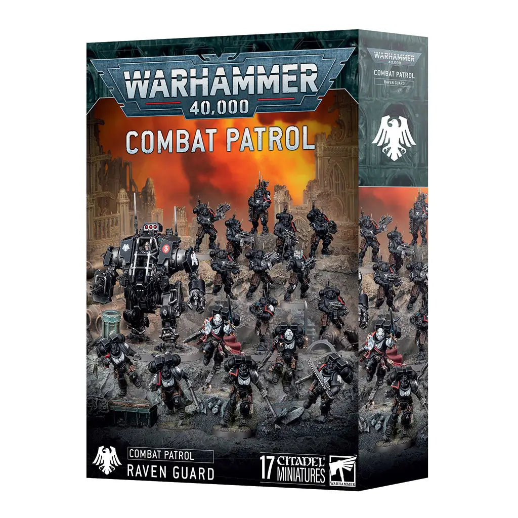 Warhammer 40,000 Combat Patrol Raven Guard miniature box with 17 dark-armored warriors and a dreadnought mech advancing across war-torn ruins under an orange sky.
