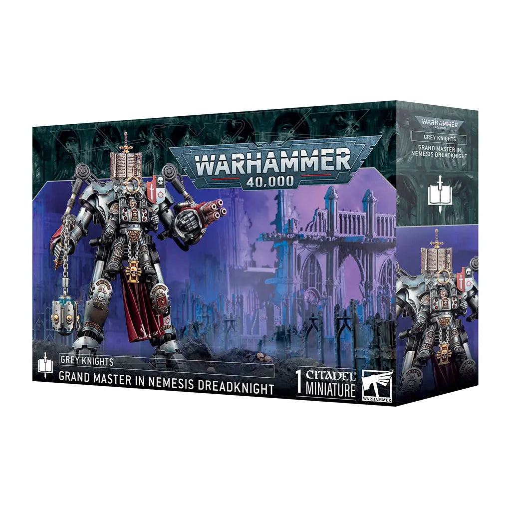 Warhammer 40,000 Grey Knights Grand Master in Nemesis Dreadknight miniature box, showing a towering armored mech wielding a hammer and heavy weapon in gothic ruins.