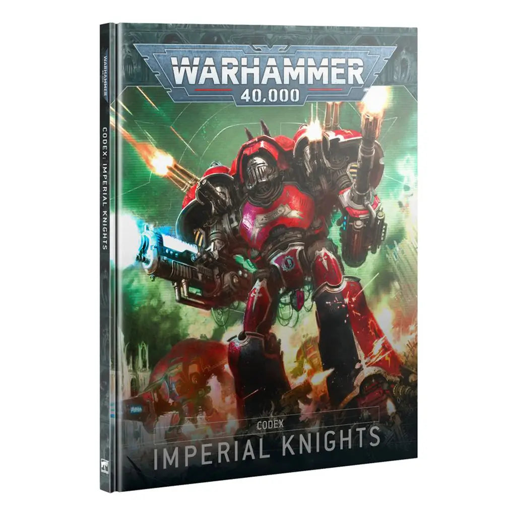 Warhammer 40,000 Codex: Imperial Knights hardcover rulebook featuring detailed cover art of a massive red-armored Imperial Knight mech firing weapons in a futuristic green battlefield.