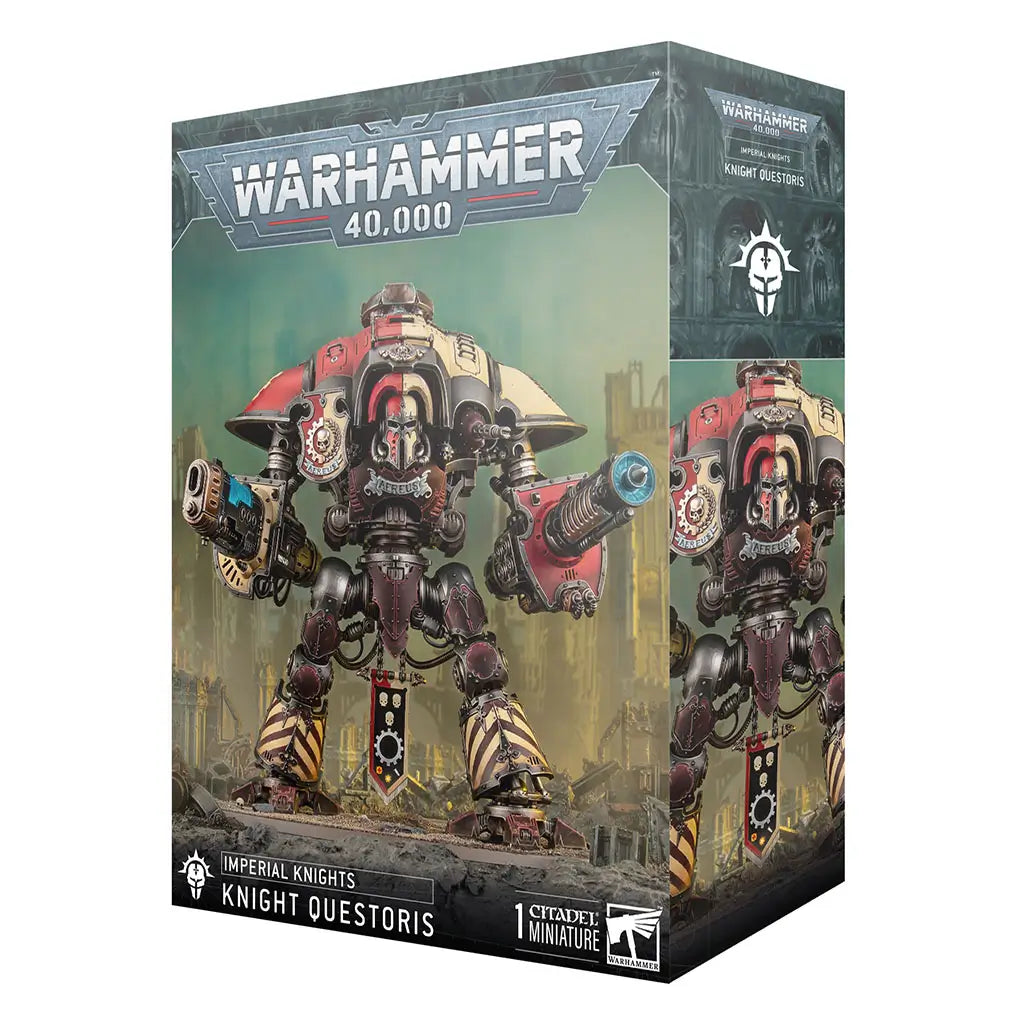 Warhammer 40,000 Imperial Knights Knight Questoris miniature box, depicting a massive red and cream armored war machine with energy cannon and chainsword weaponry.
