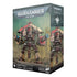 Warhammer 40,000 Imperial Knights Knight Questoris miniature box, depicting a massive red and cream armored war machine with energy cannon and chainsword weaponry.