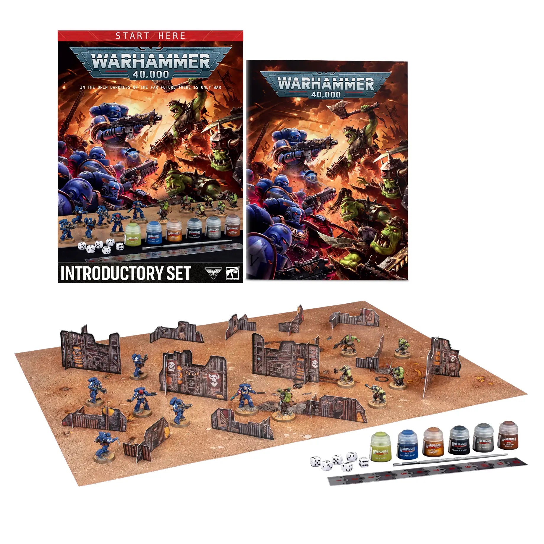 Warhammer 40K introductory set features blue Space Marines and green Orks, six Citadel paints, dice, terrain, and a gaming mat arranged beneath the English retail box.