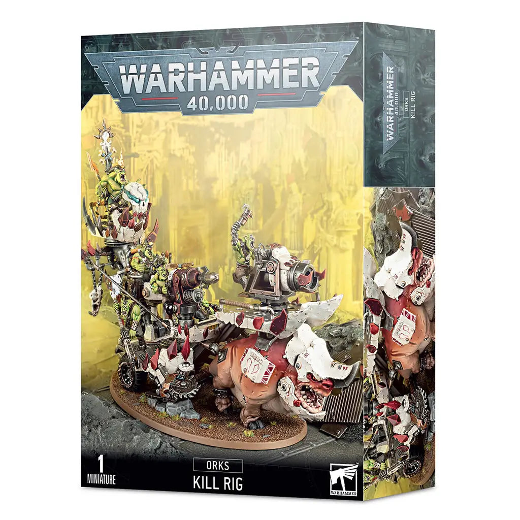 Warhammer 40,000 Orks Kill Rig box showing green-skinned Orks riding a bulky, scrap-built war rig with white and red armored plates, mechanical weapons, and beast-mounted chassis set in a ruined battlefield.