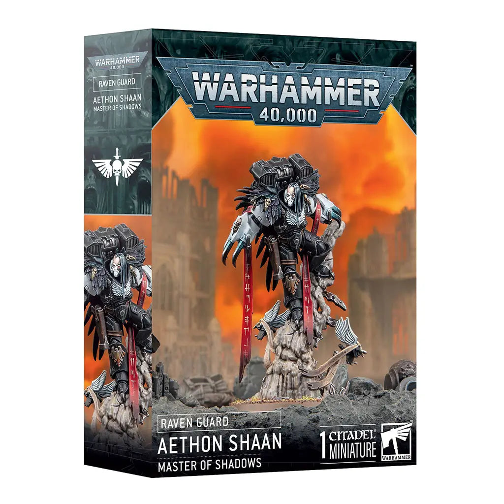Warhammer 40,000 Raven Guard Aethon Shaan Master of Shadows miniature box, featuring dynamic artwork of the black-armored warrior with claws and jump pack against a fiery backdrop.