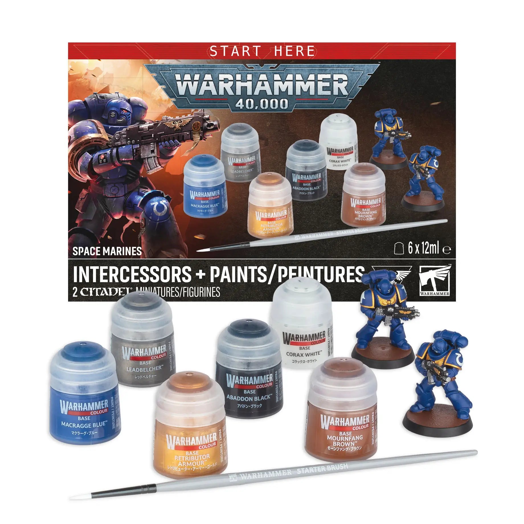 Warhammer 40K Space Marines Intercessors starter set with two blue Citadel miniatures, six assorted paint pots, and a starter brush displayed with the retail box.