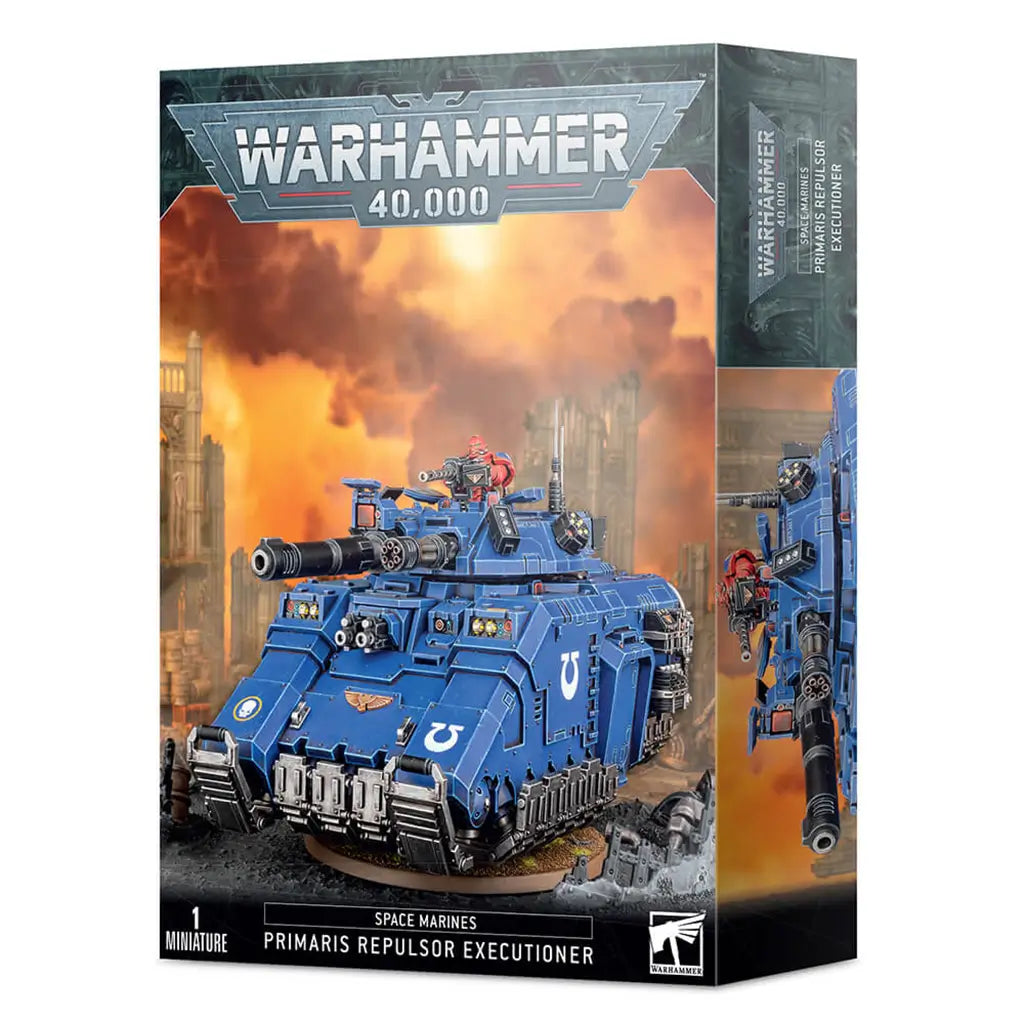 Warhammer 40,000 Space Marines Primaris Repulsor Executioner miniature with blue armored metal panels, angular hover tank shape, heavy turret cannon, side weapons, and reinforced hull, used in battle.