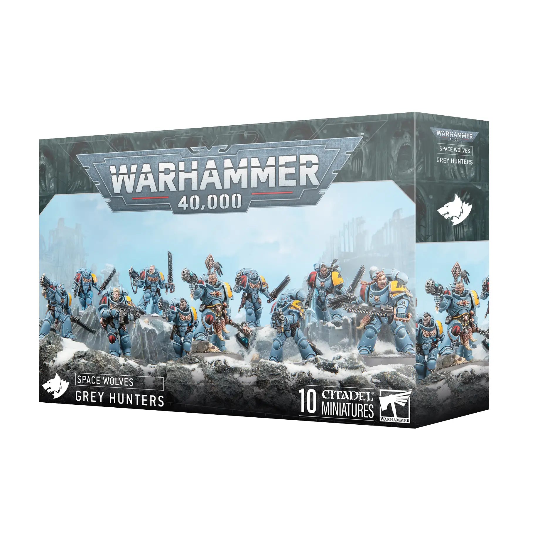 Warhammer 40K Space Wolves Grey Hunters miniature set in blue-grey armor, featuring 10 Citadel figures with weapons posed on snowy rocky terrain against a pale blue backdrop.